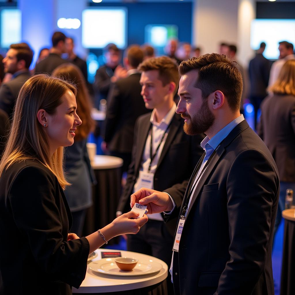 Tech professionals connecting and sharing ideas at an industry event