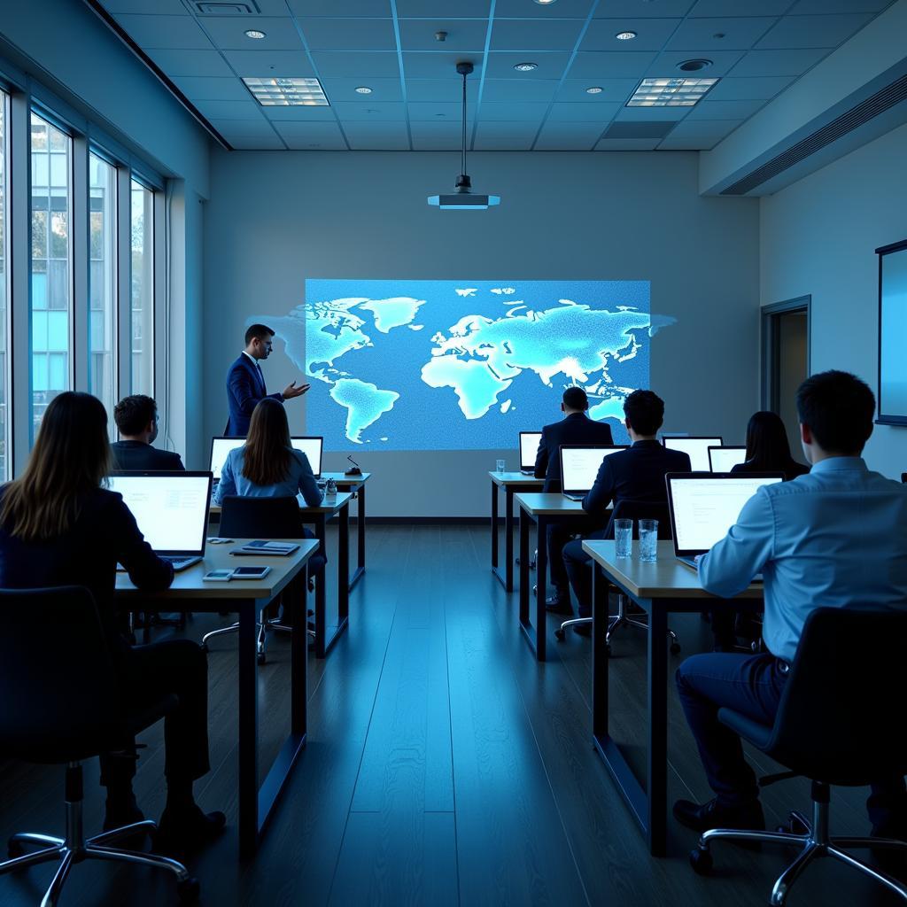 A bustling classroom scene where students are actively engaged with various technological devices, such as tablets and laptops, during a lesson.  A teacher is facilitating the learning process, emphasizing the integration of technology into education.