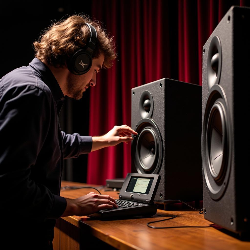 Sound engineer adjusting theater research speakers