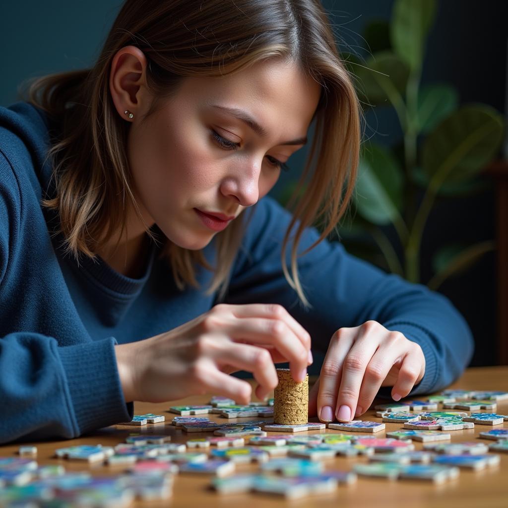 Image of a person concentrating while working on a puzzle