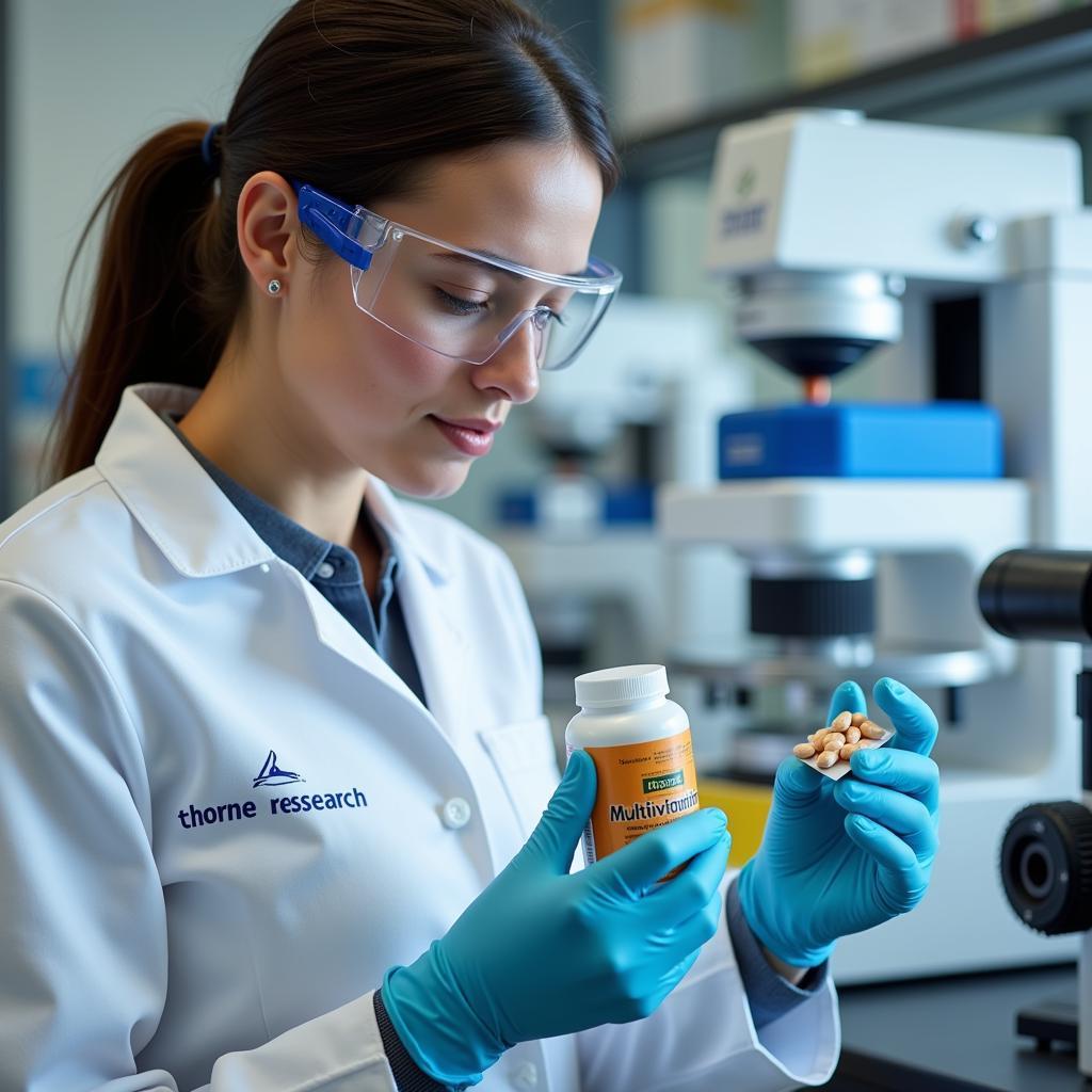 Laboratory technician analyzing Thorne Research multivitamin ingredients