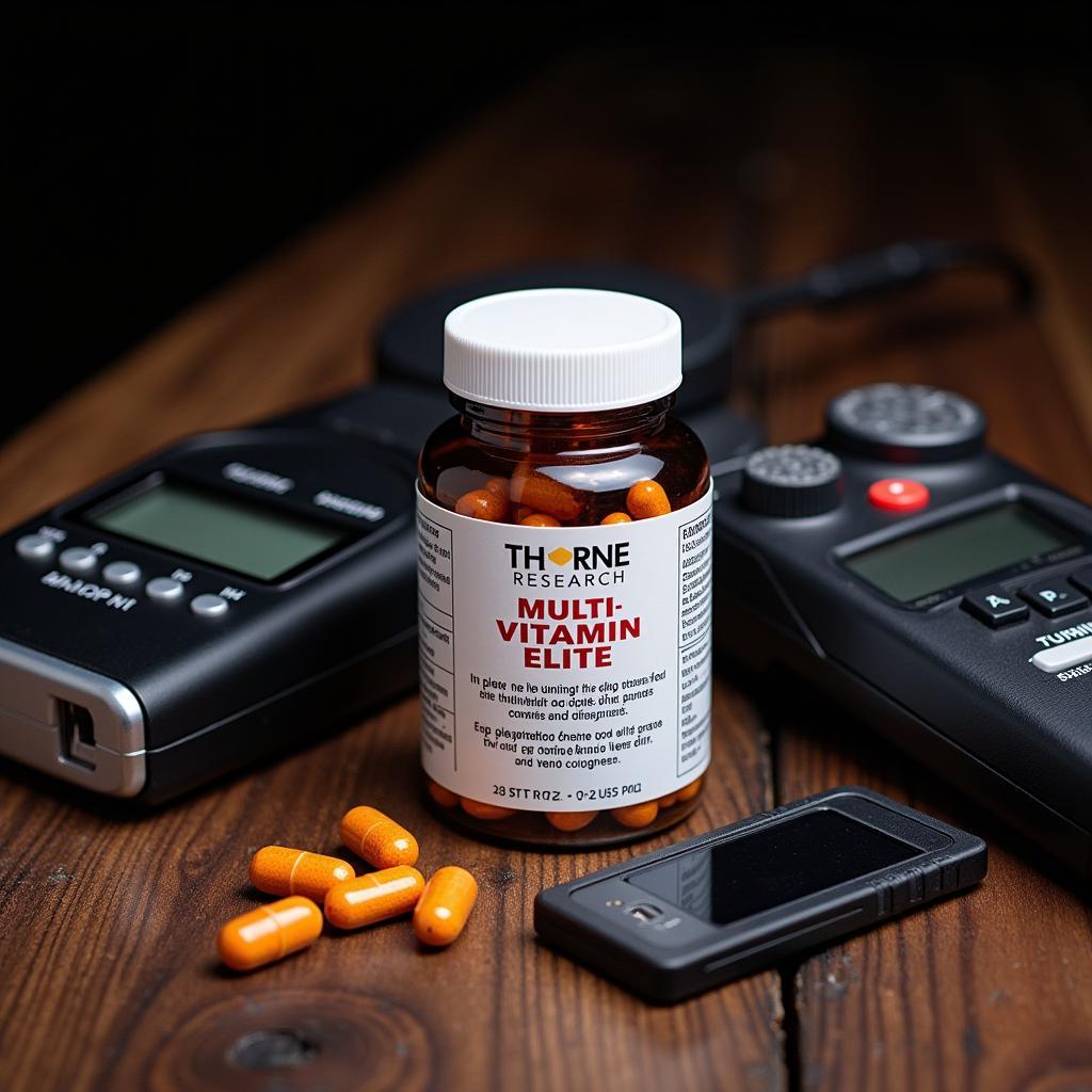 Thorne Research Multi-Vitamin Elite bottle on a table with paranormal investigation tools