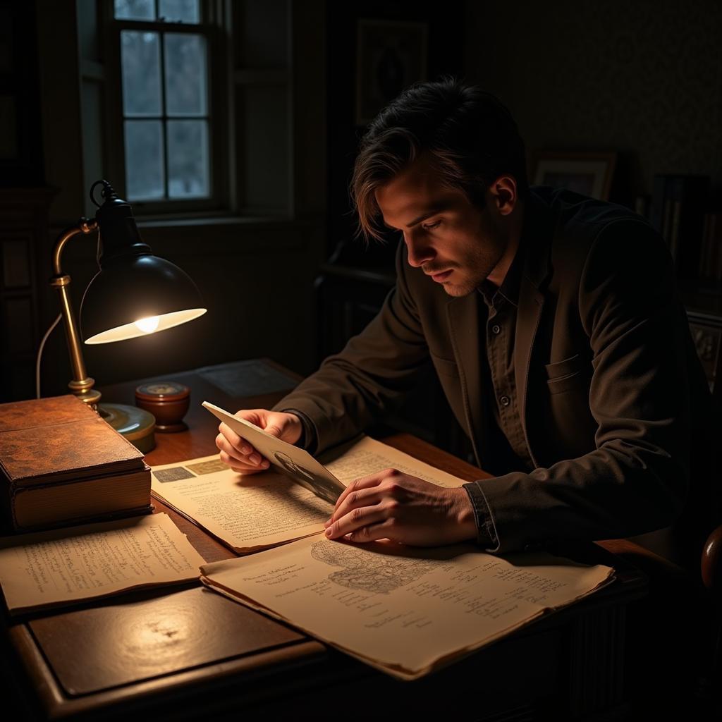 Paranormal investigator reviewing documents and evidence