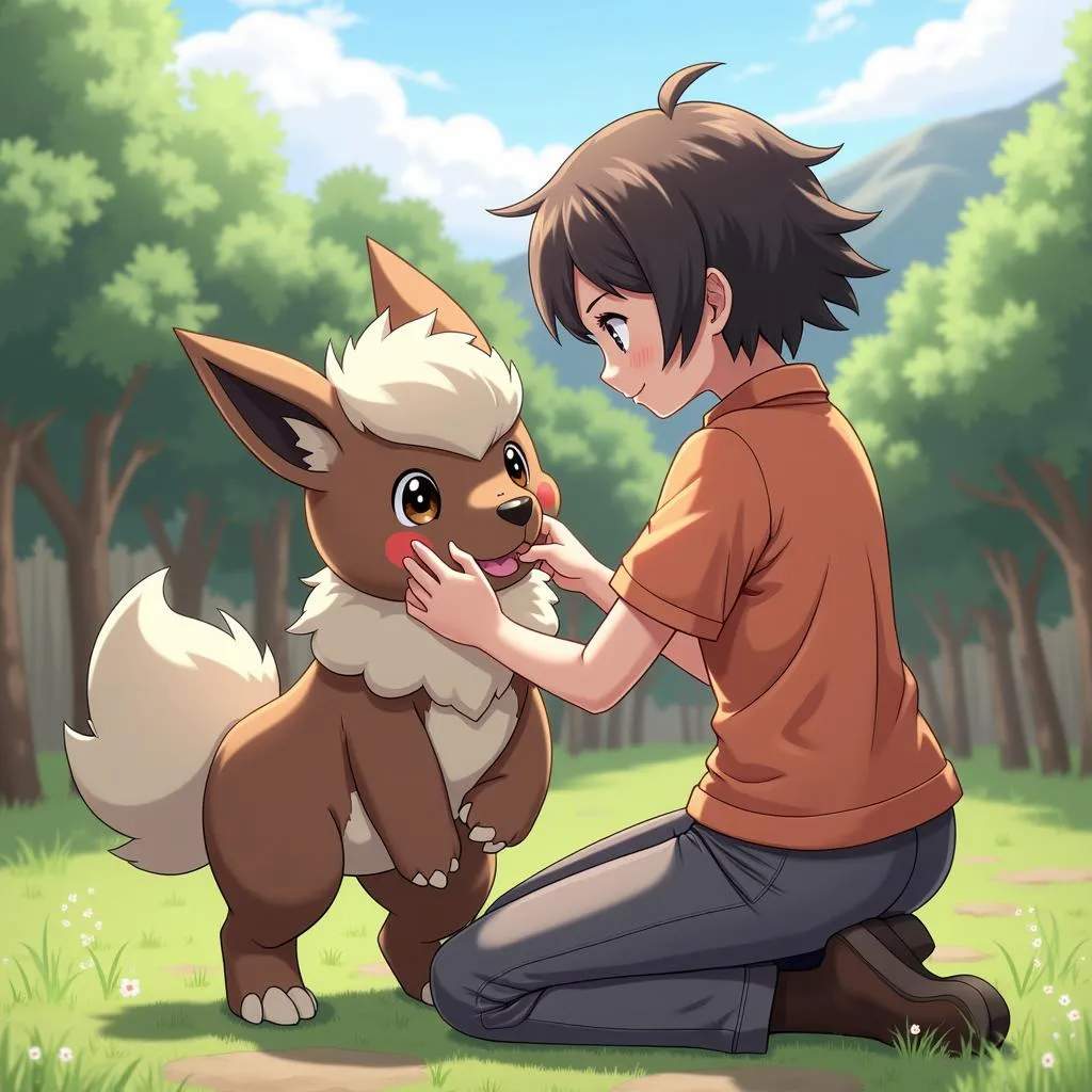 A trainer bonding with their Rockruff