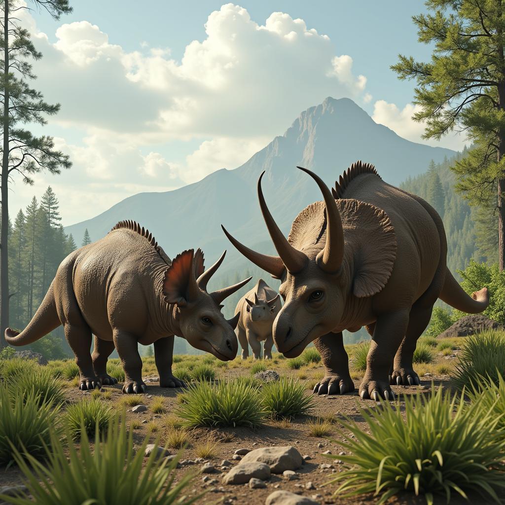 A Herd of Triceratops Grazing in a Prehistoric Landscape