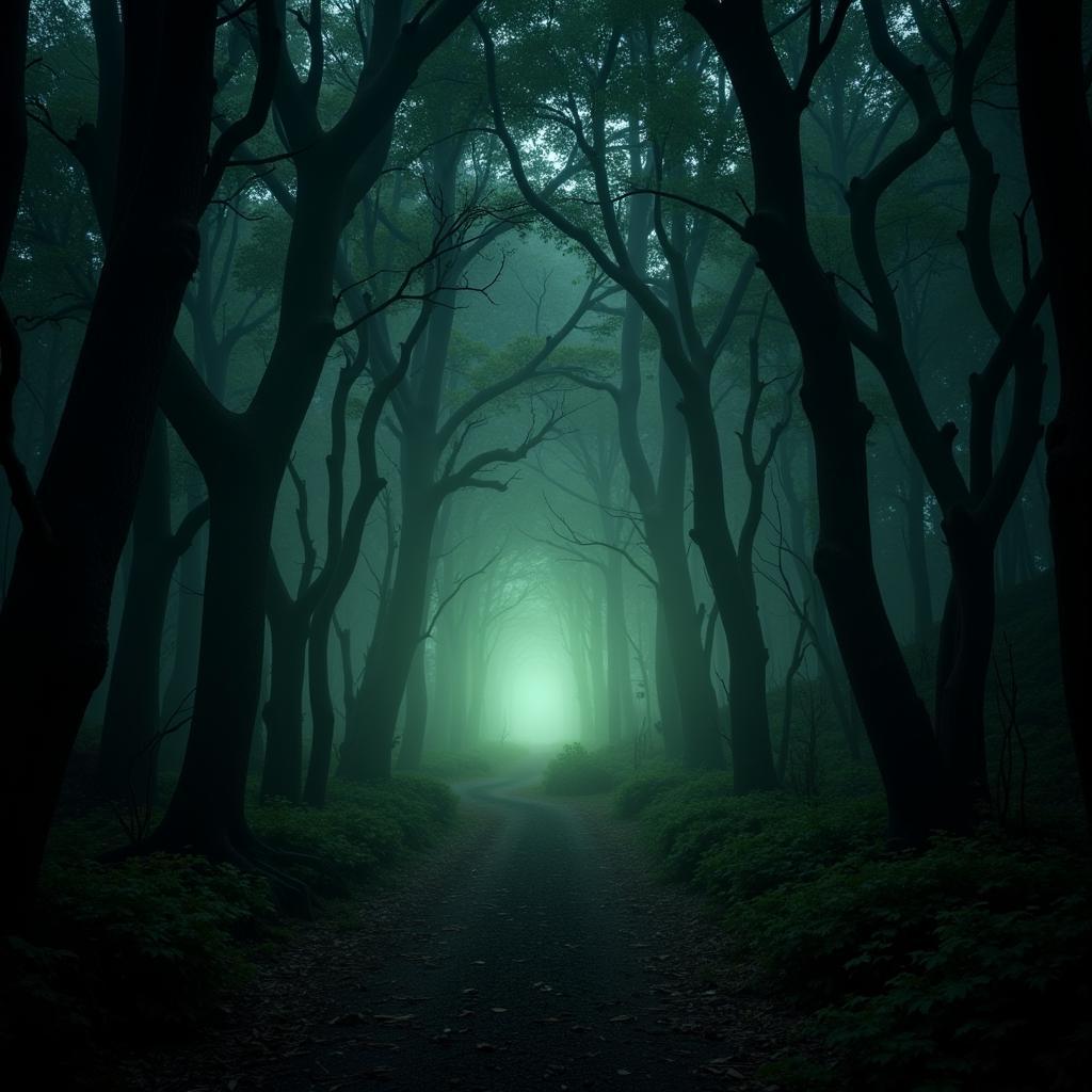 View of the dense forest surrounding the Turtle Cove Environmental Research Station at night, with an unexplained light source visible in the distance