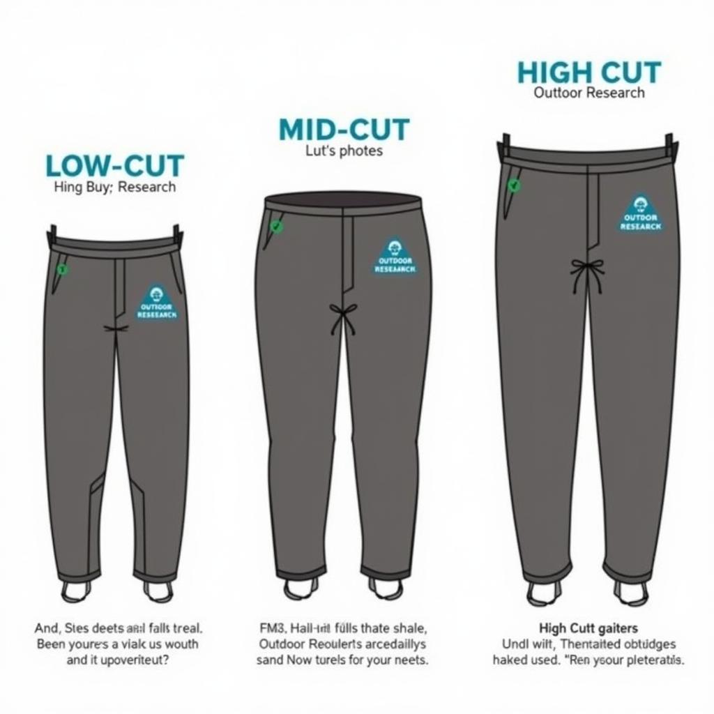 Different cuts of Outdoor Research gaiters for various activities