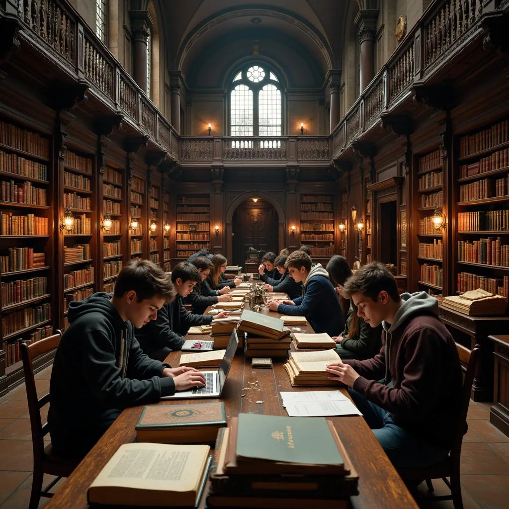 Students researching paranormal topics in the university library