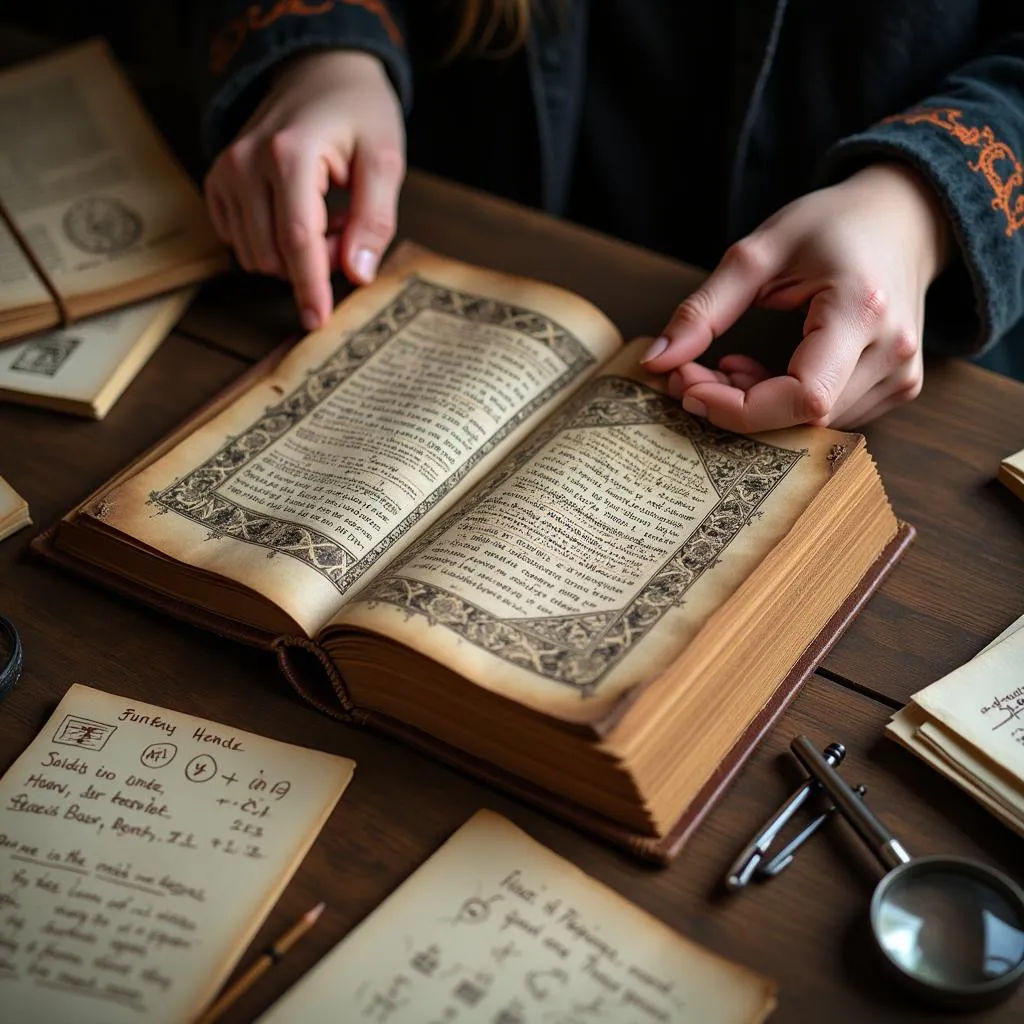 Student analyzing an ancient text for clues about paranormal phenomena