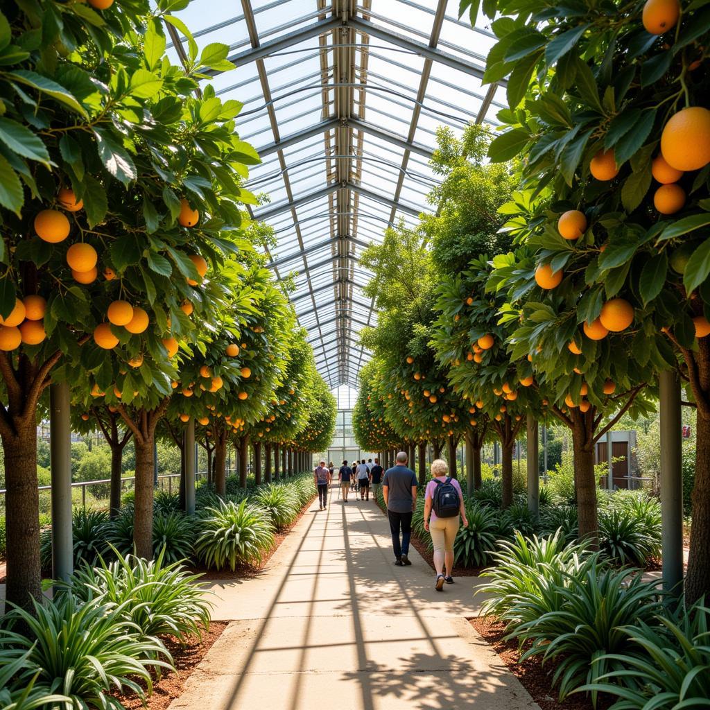 Interior of the UCR Citrus Variety Collection greenhouse with various citrus trees