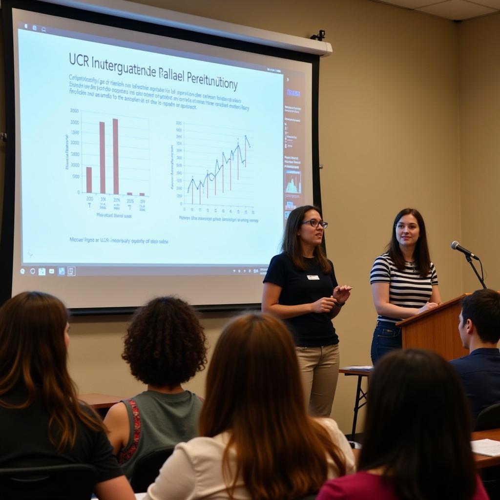 A student presenting their research findings at a UCR symposium