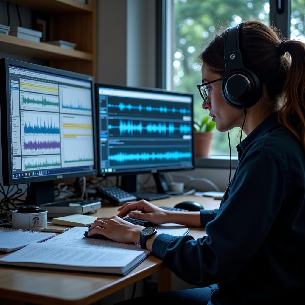 A uicom researcher meticulously examining data and audio recordings.