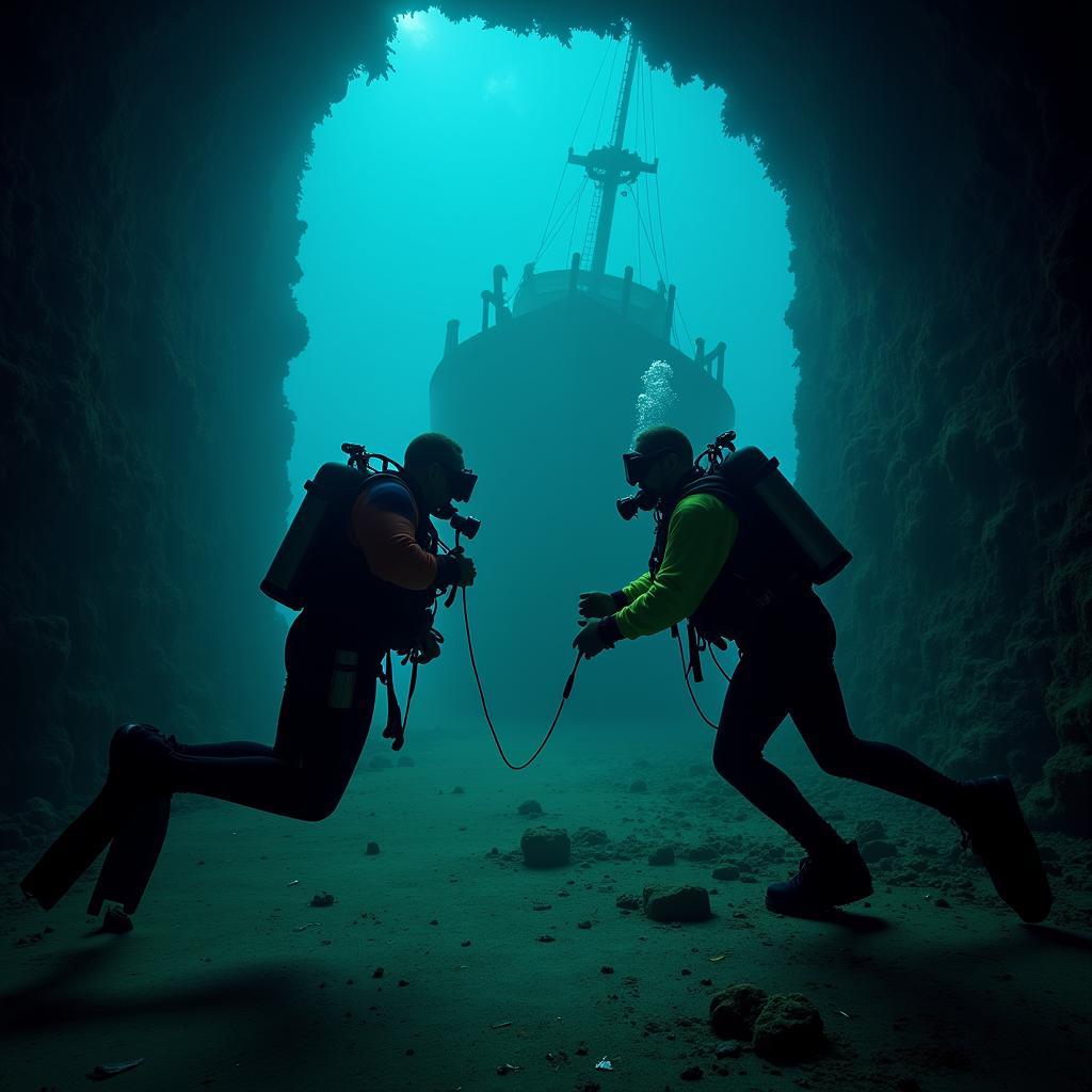 Divers Deploying Underwater Equipment for Paranormal Research 