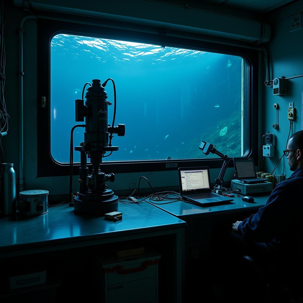 High-tech underwater research equipment in a dimly lit lab