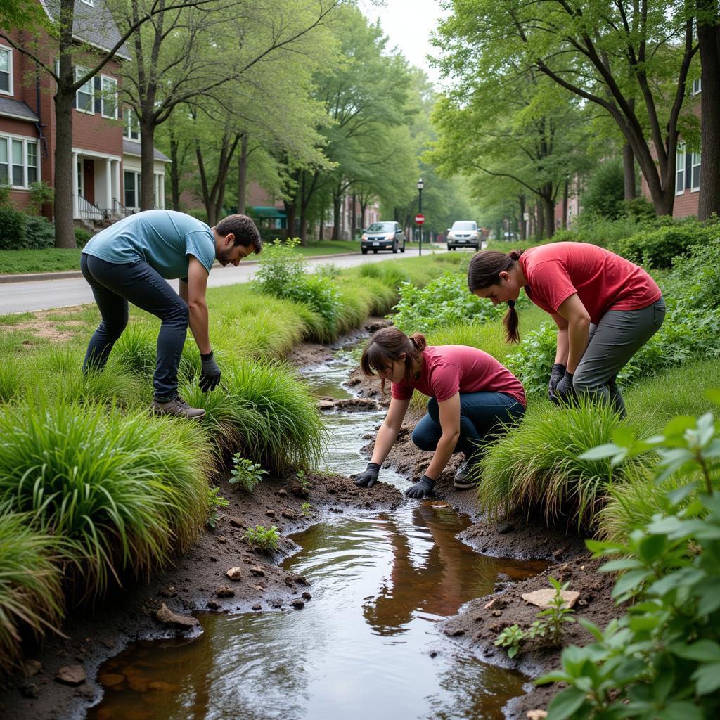 Community Volunteers Planting Native Vegetation along an Urban Stream