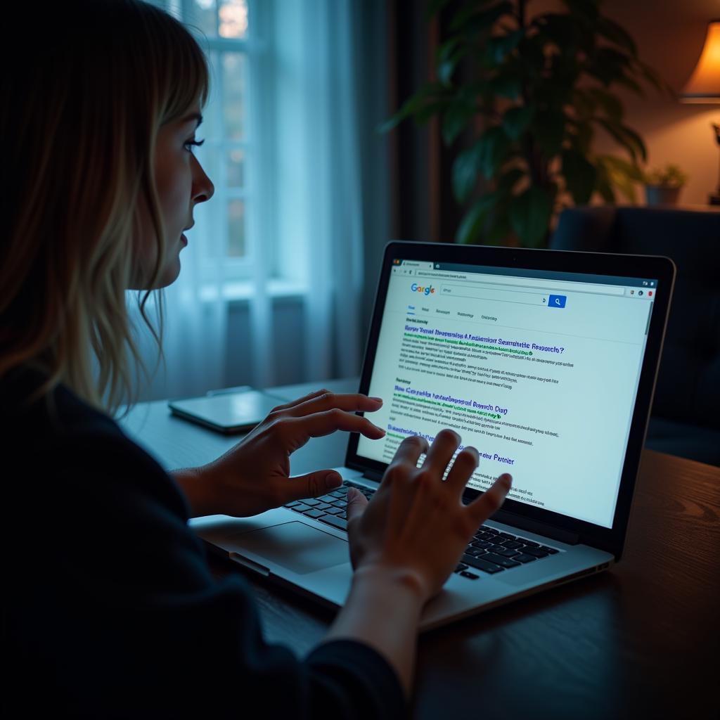 A person typing keywords into a search bar on a laptop