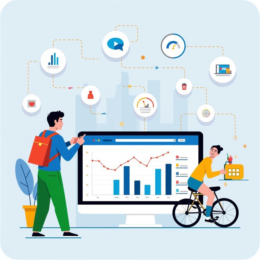 A business person analyzing charts and graphs on a digital interface, with icons representing key performance indicators like customer satisfaction and sales conversion.