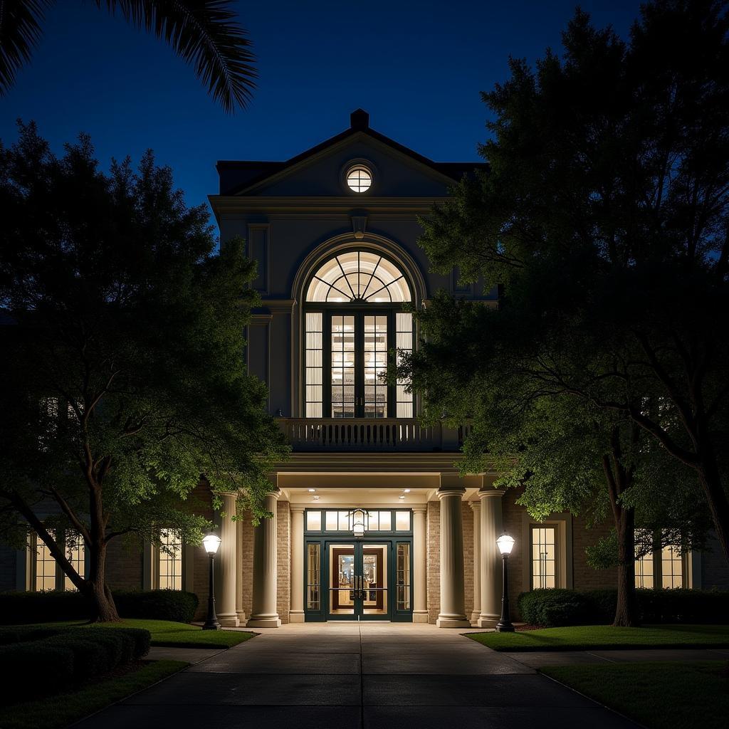 Exterior view of UTMB Research Building 6 at night