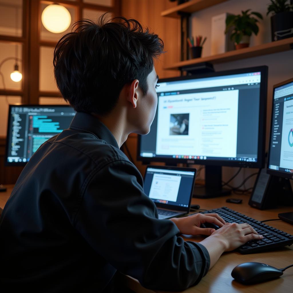 A UX researcher engrossed in online learning modules