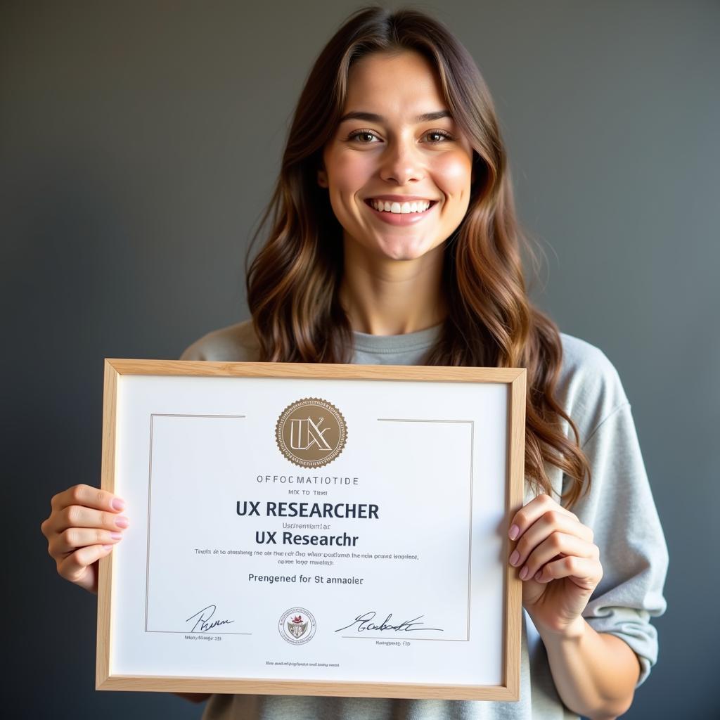 Woman proudly displaying her UX researcher certification