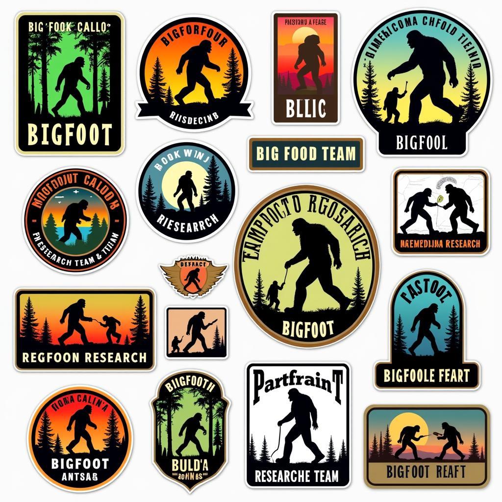 Assortment of colorful and unique Bigfoot research team stickers