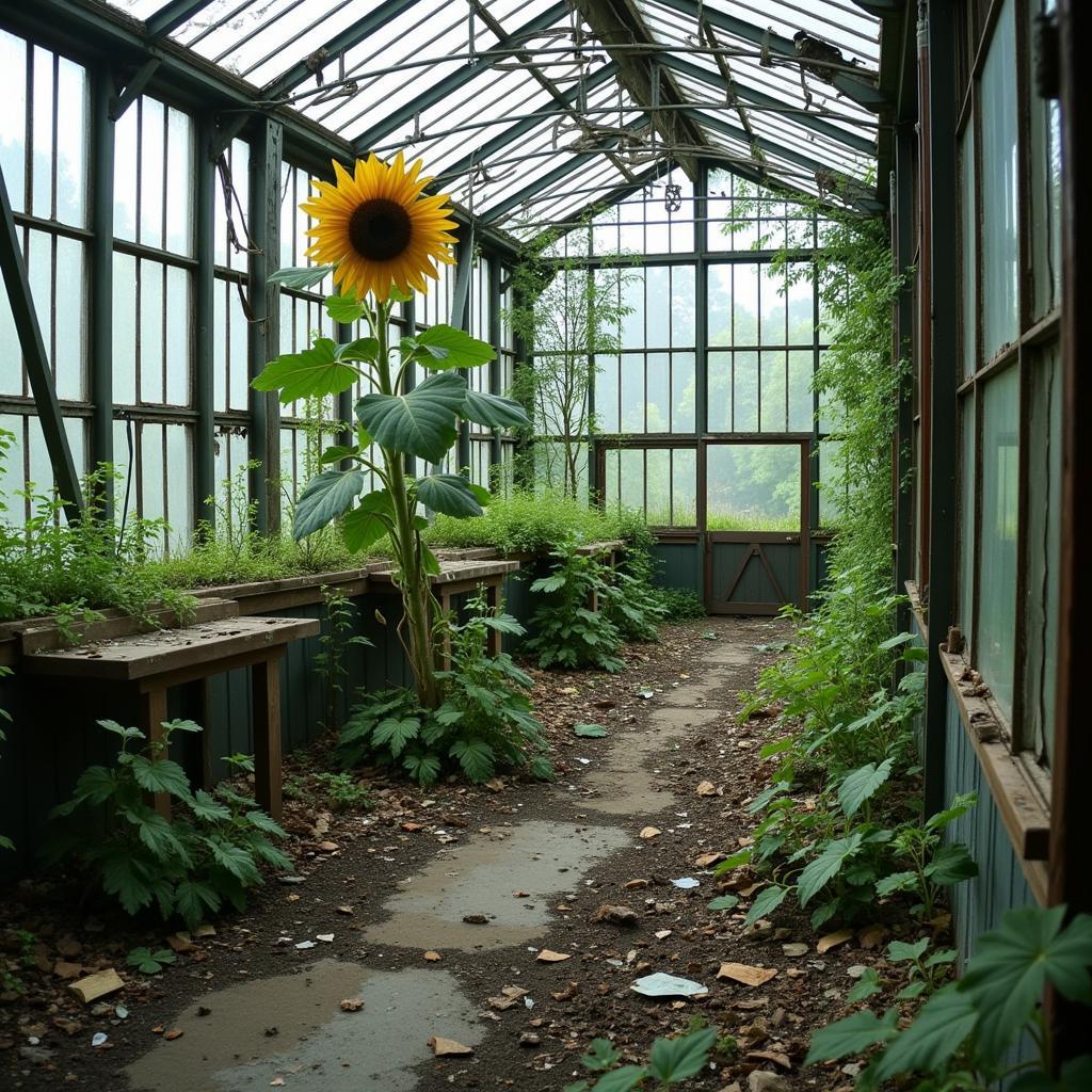 Inside the abandoned greenhouse of the Vault-Tec Agricultural Research Center