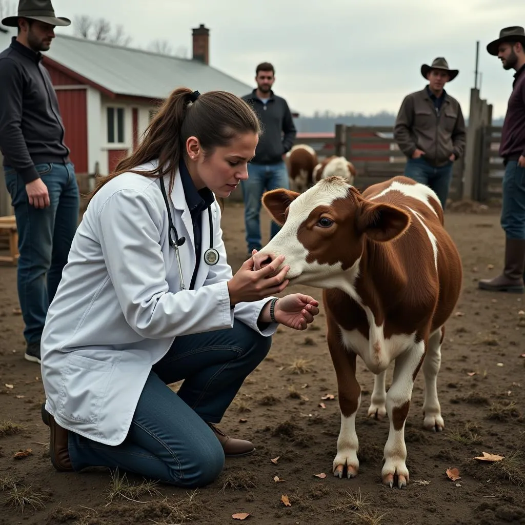 A veterinarian, equipped with a medical kit, carefully collects samples from an animal in a rural setting, surrounded by concerned onlookers.