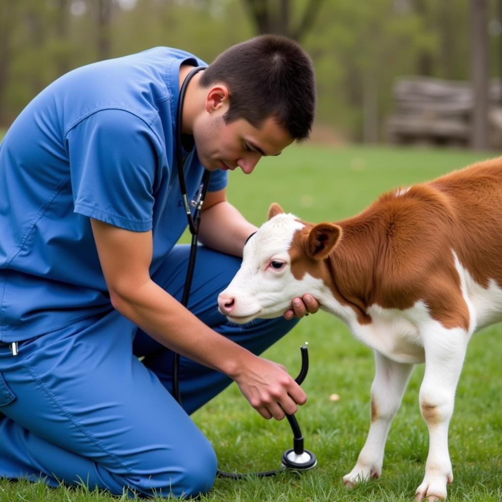 Veterinarian checking a calf's health