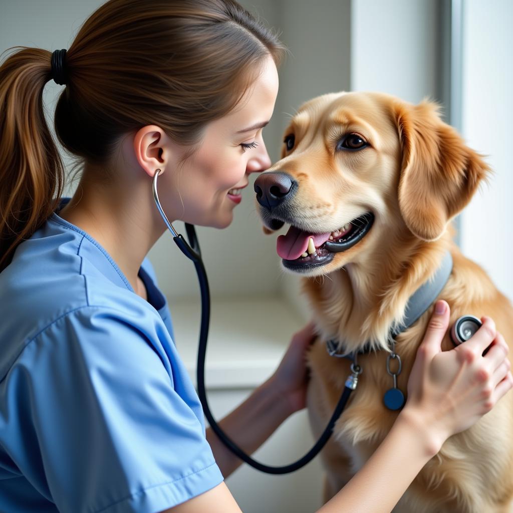 Veterinarian examining a dog at the Purina Research Farm