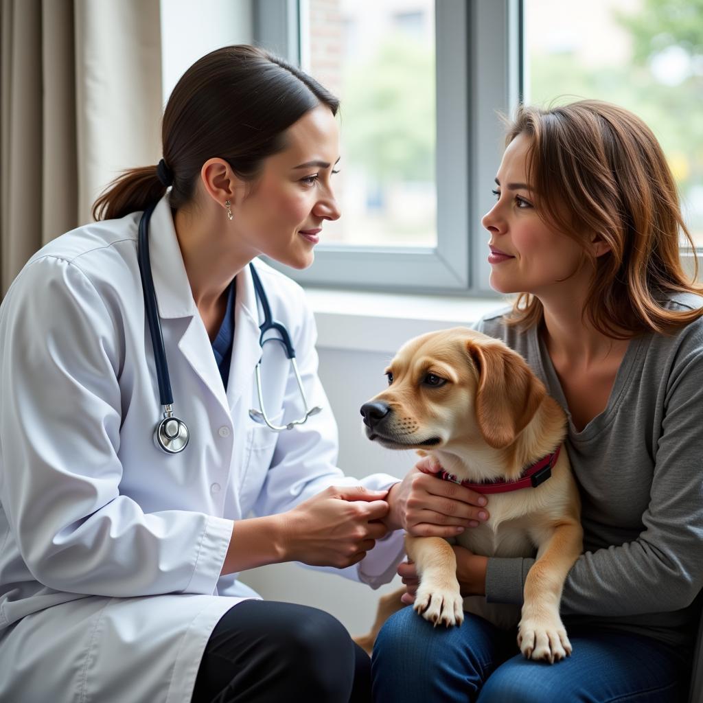 Veterinarian engaging in conversation with a pet owner