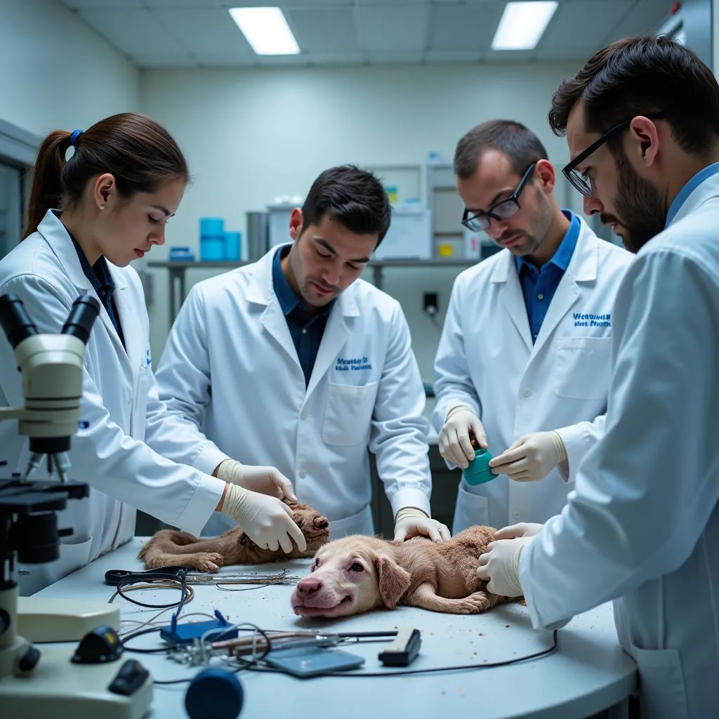 Veterinary researchers meticulously examine animal remains in a laboratory setting.