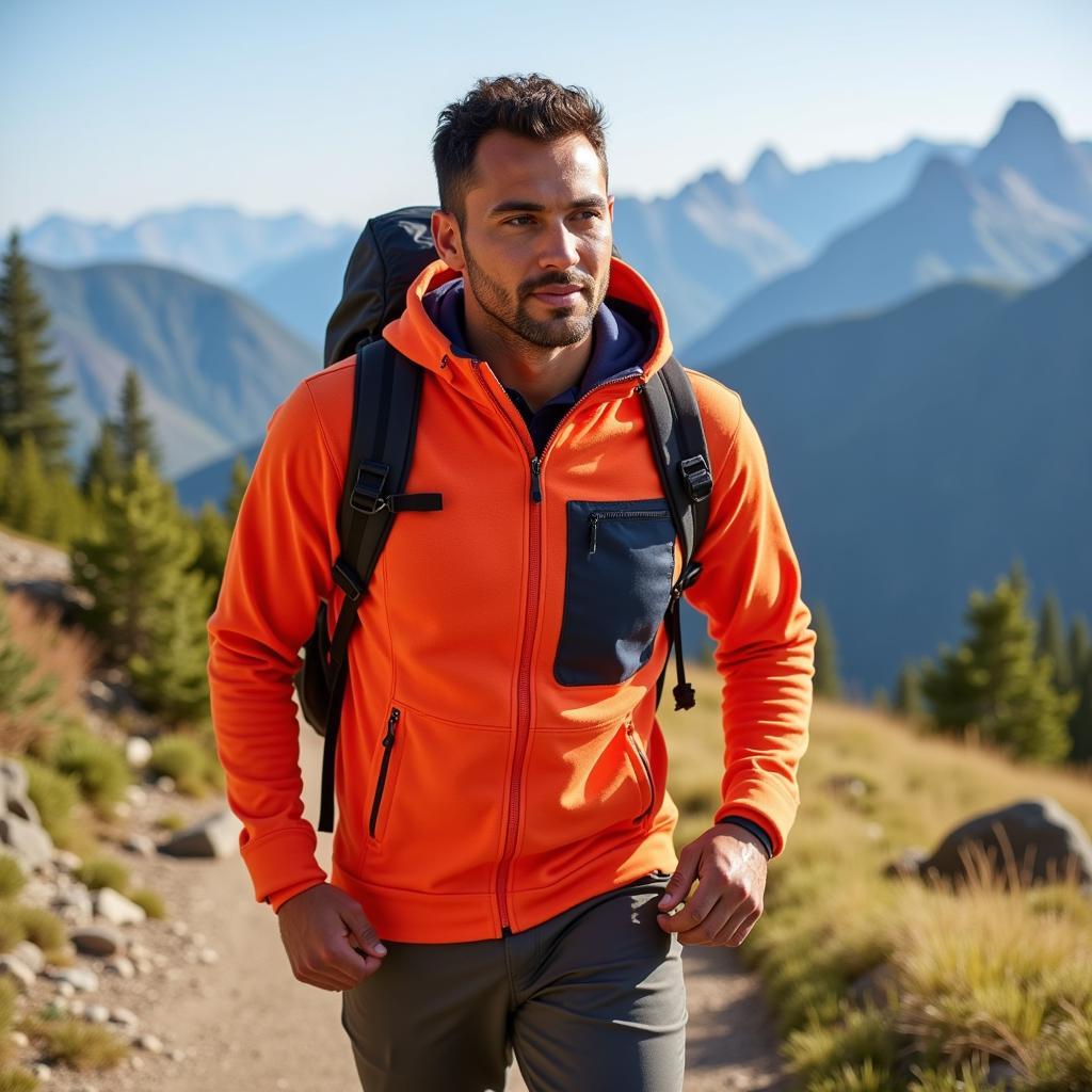 Man hiking in the mountains wearing the Vigor Grid Fleece Pullover Hoodie