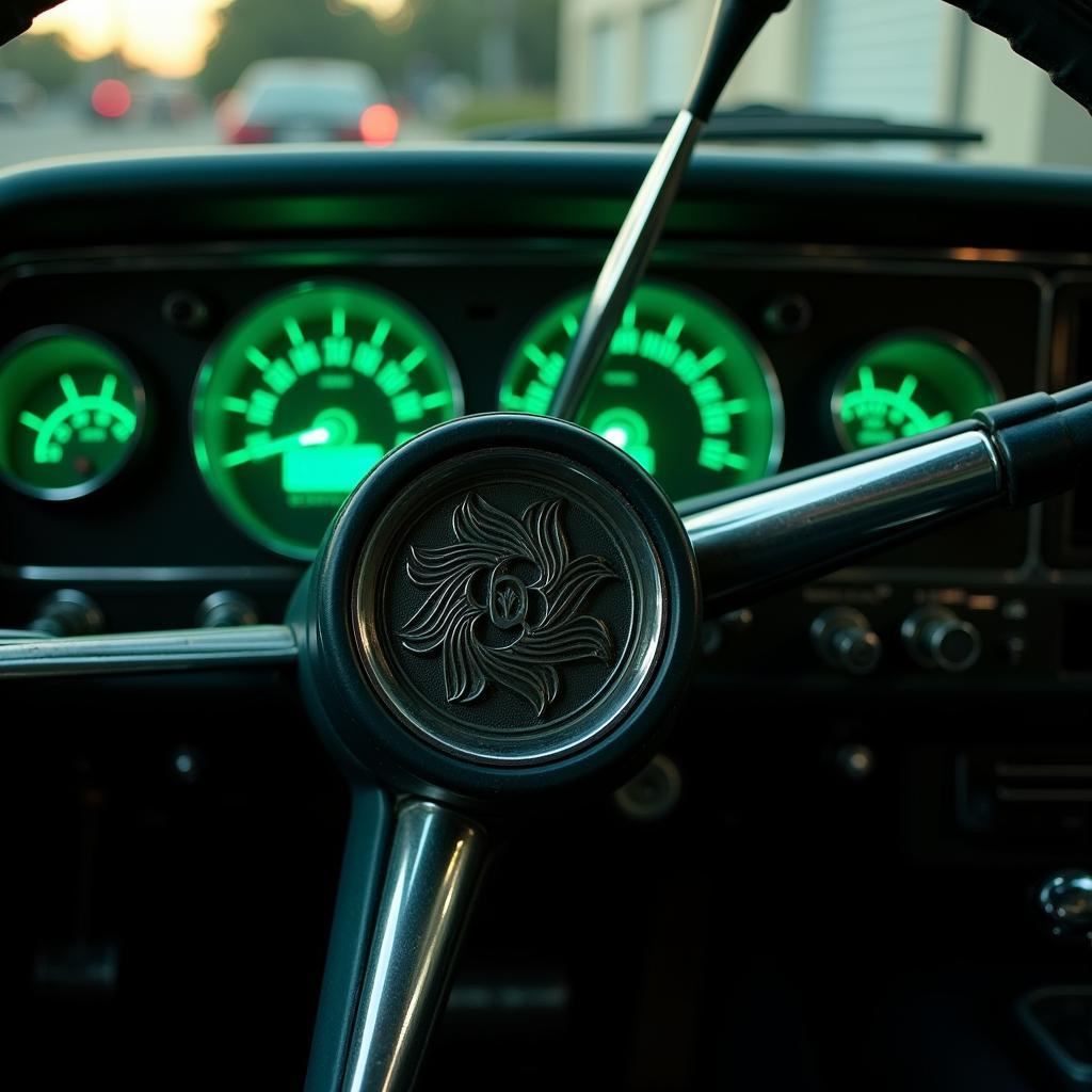 Close-up of a vintage Buick dashboard with glowing gauges and a mysterious symbol