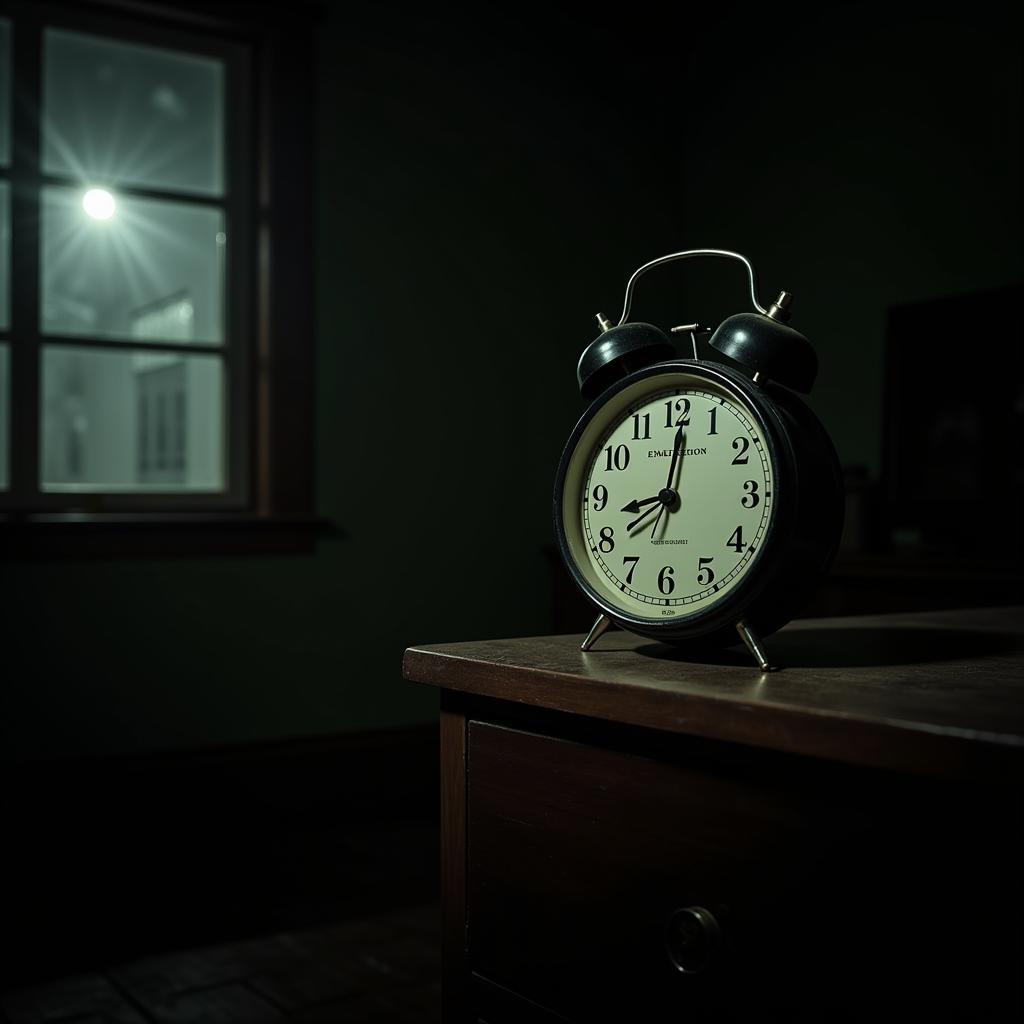 A vintage Emerson Research alarm clock on a nightstand in a dimly lit room, considered a paranormal hotspot.