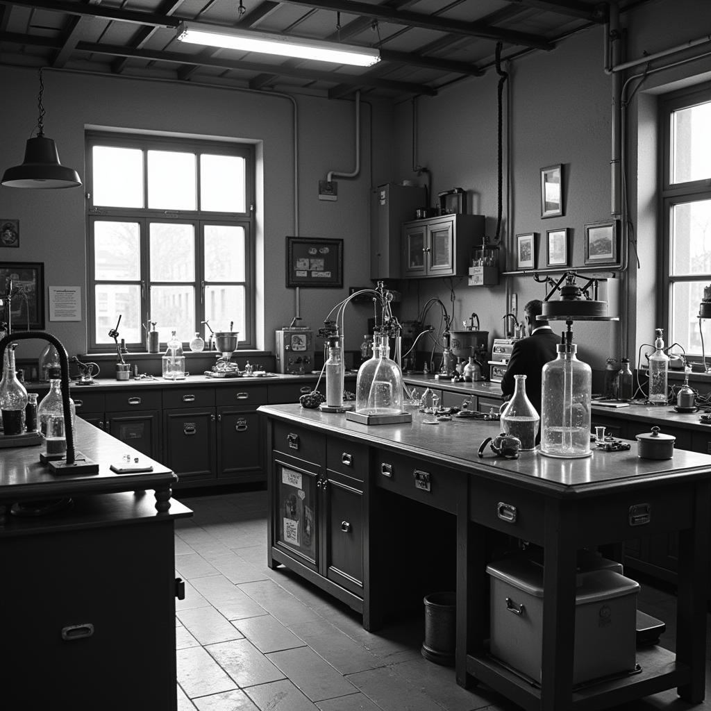 Old laboratory equipment with glowing vials and intricate instruments