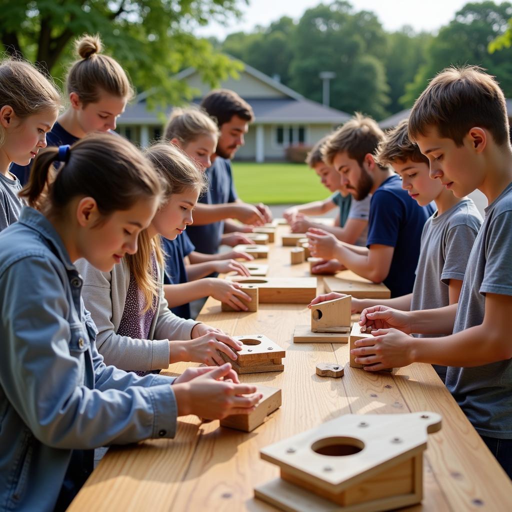 Volunteers participate in a birdhouse building workshop.