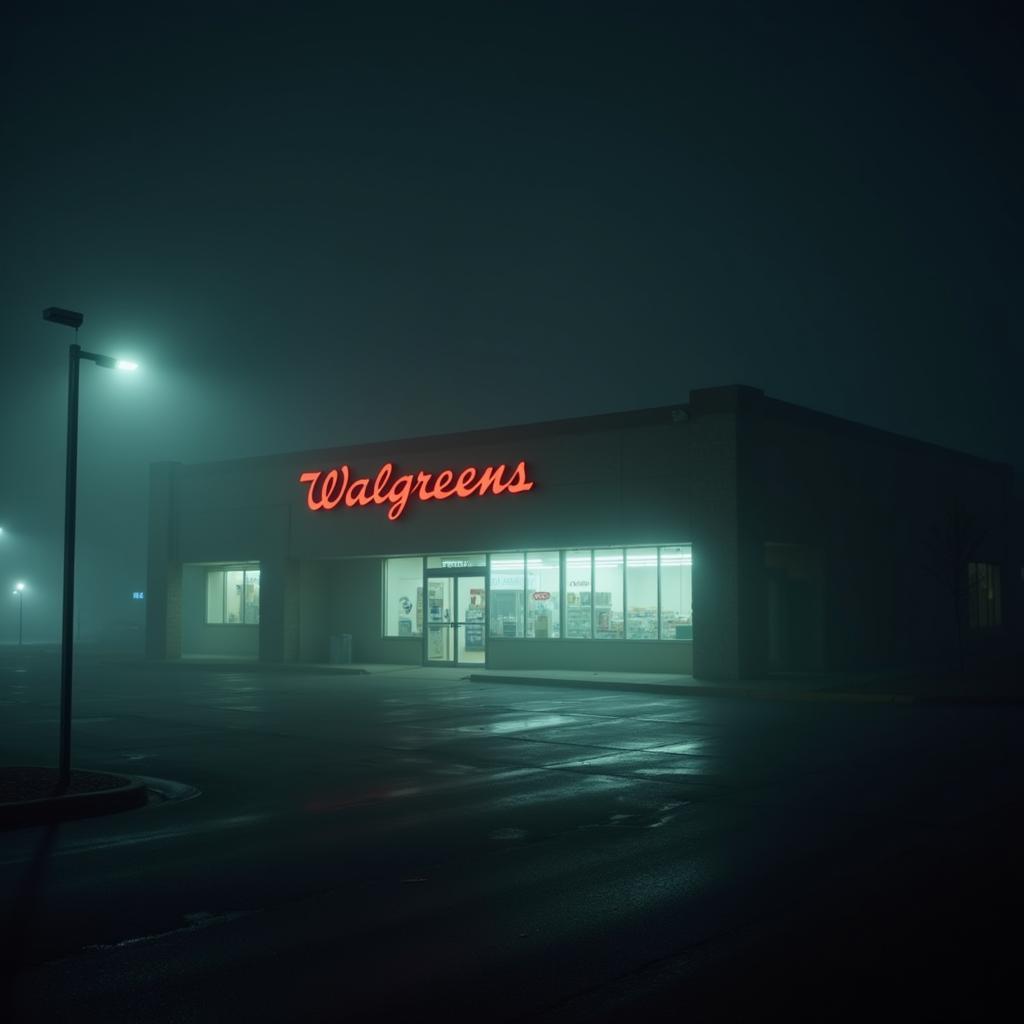 A photograph of the Walgreens Research Blvd exterior at night, shrouded in an eerie fog with faint lights emanating from within