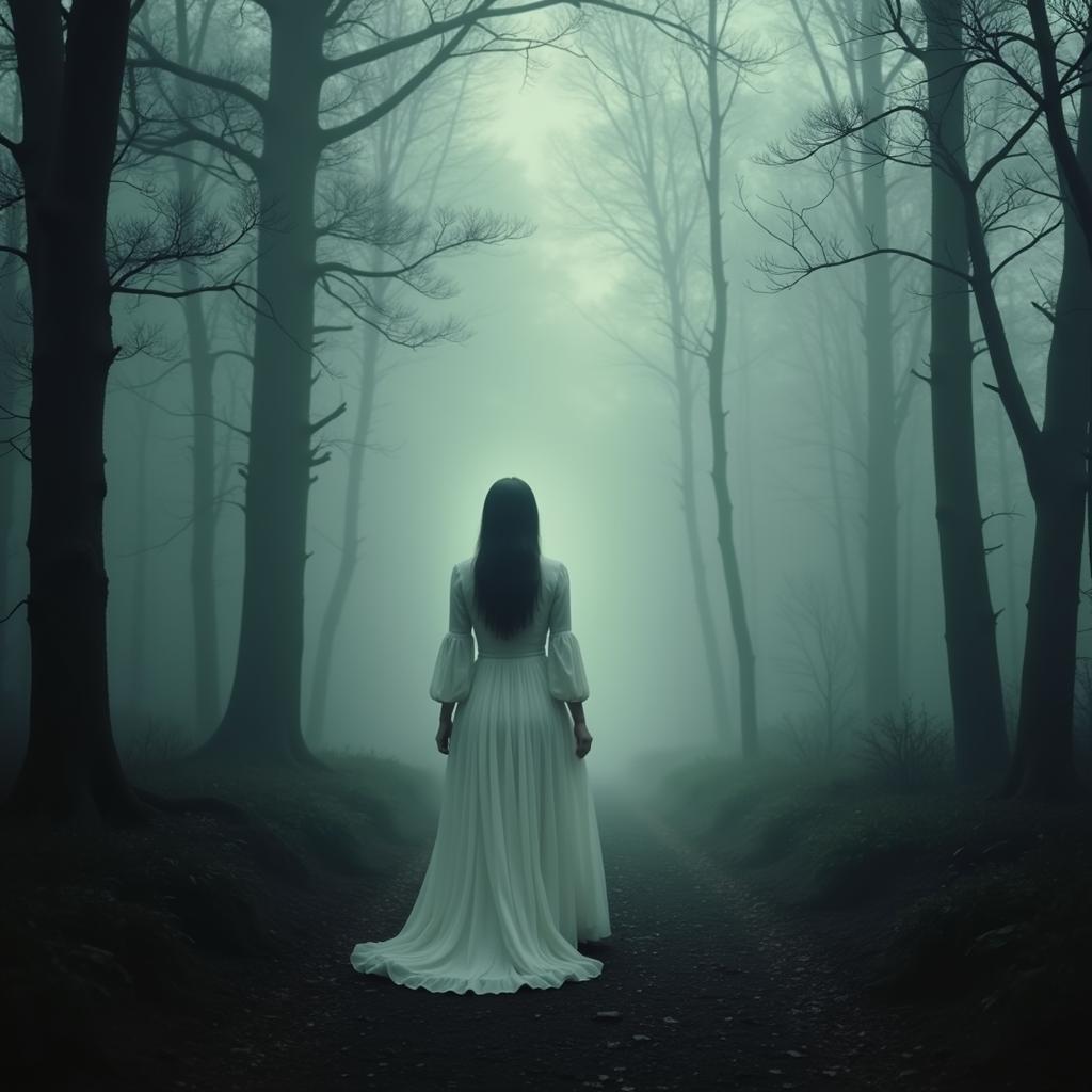 Ghostly figure in white dress amidst trees in Research Forest