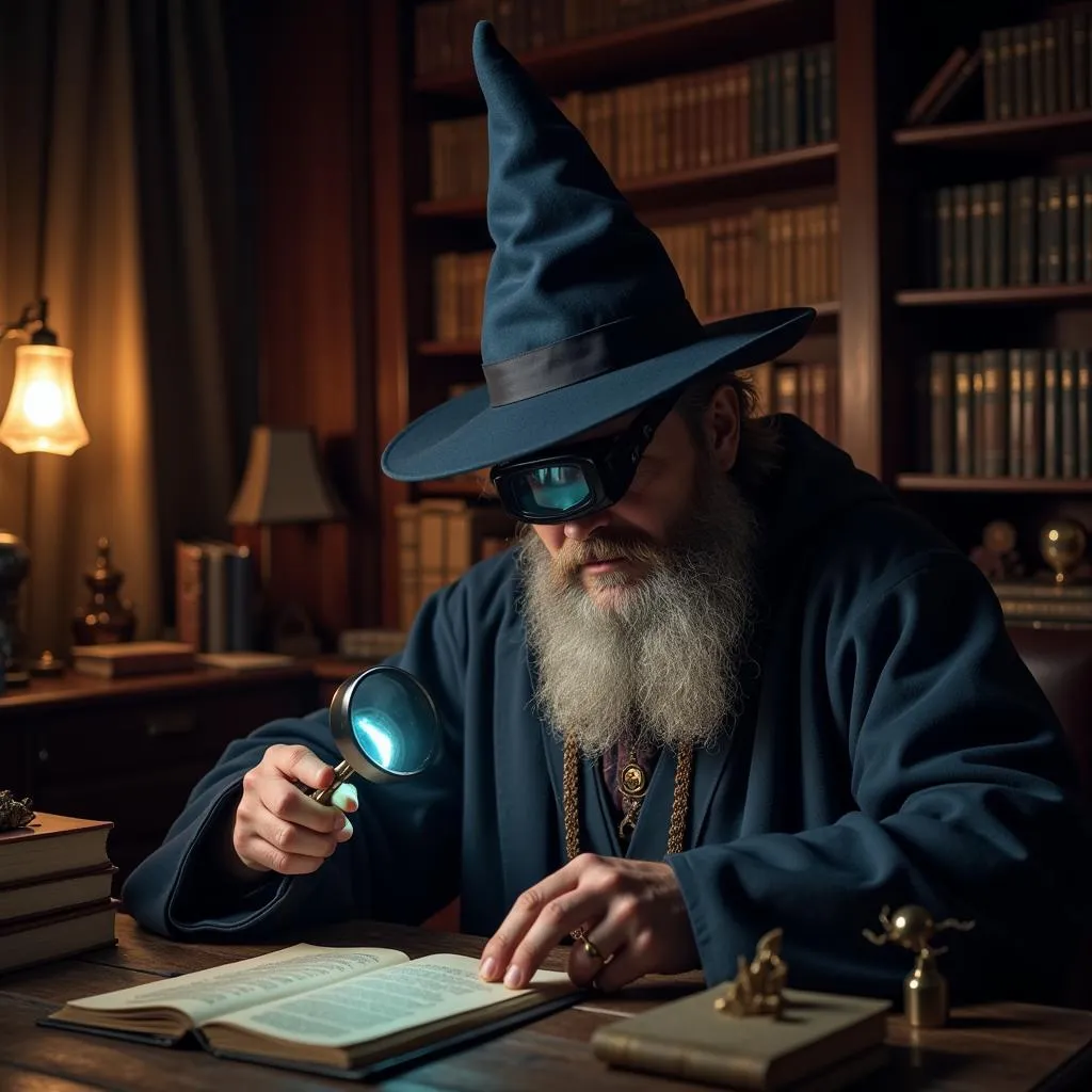 Wizard examining an electric eye mask