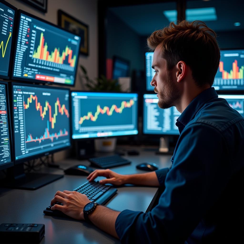 Financial analyst reviewing data on multiple computer screens