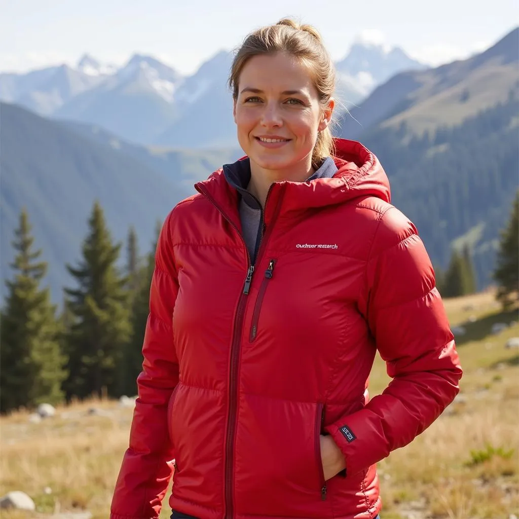 Woman hiking in Outdoor Research Helium Down Hoodie