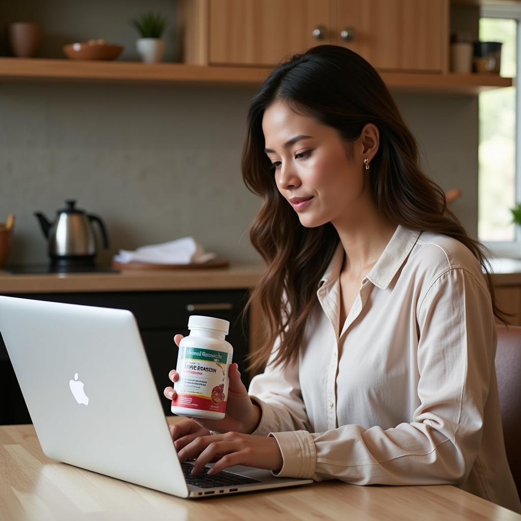 A woman researching Thorne Research multivitamins online