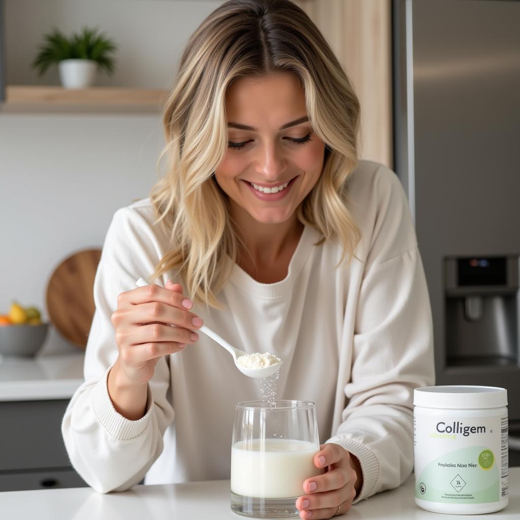 A woman stirring collagen powder into a glass of water.