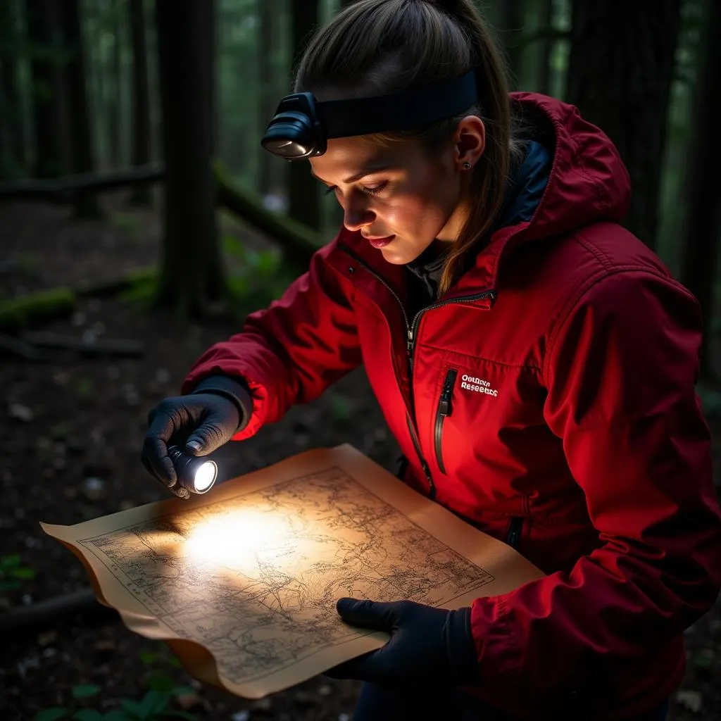 Woman with a headlamp studying an old map, wearing an Outdoor Research jacket