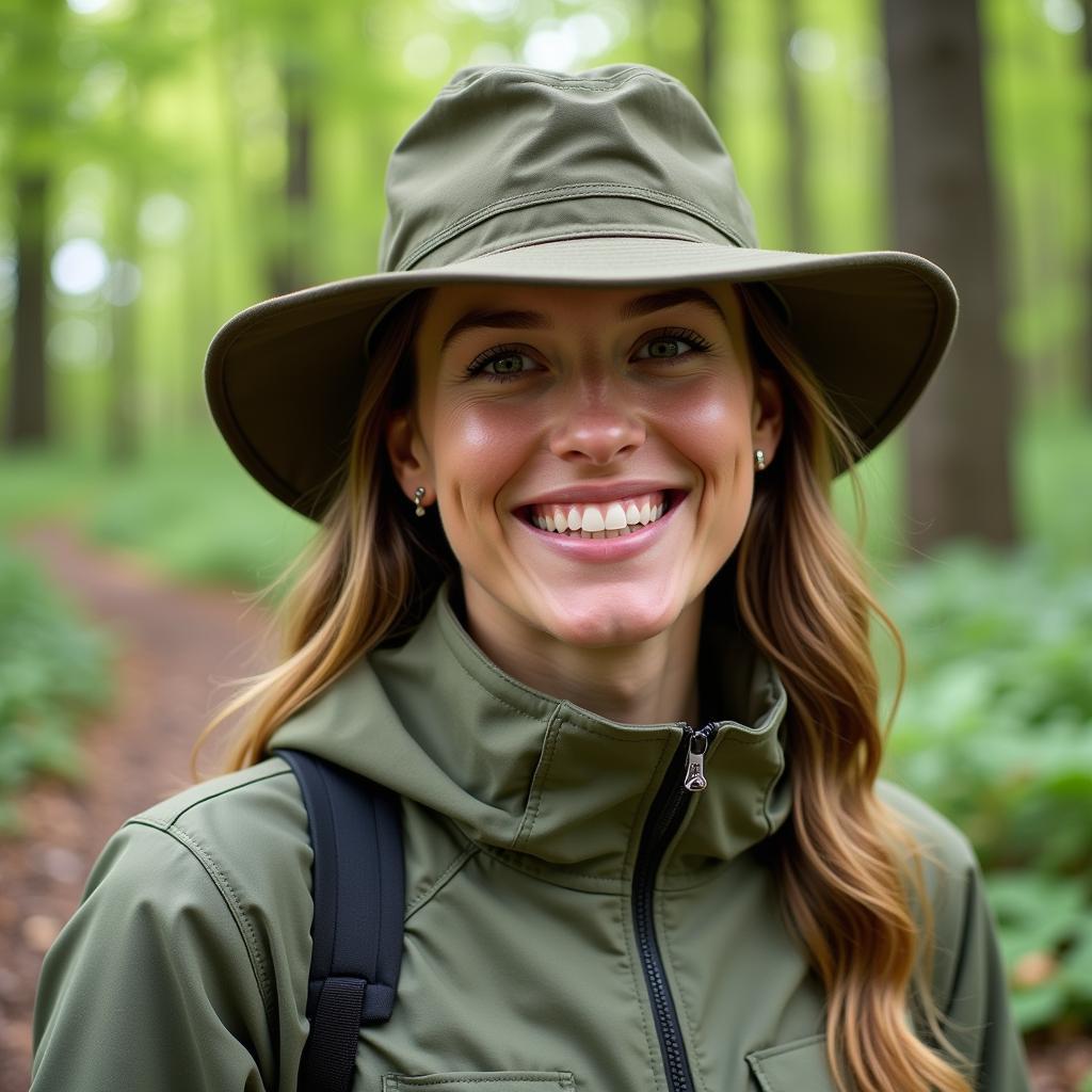 Woman wearing an outdoor research hat with neck flap in a forest