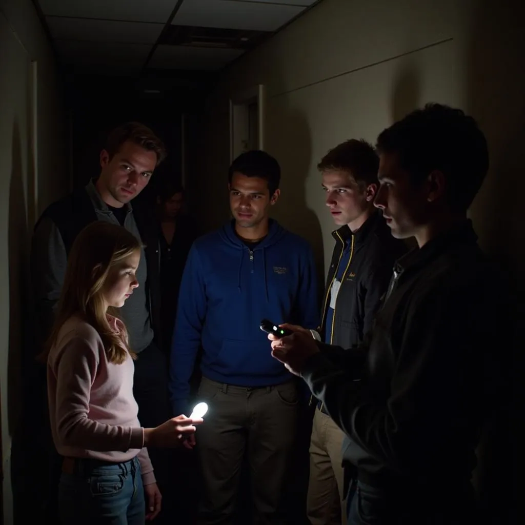 A group participating in a paranormal investigation at Woodland Research Center.