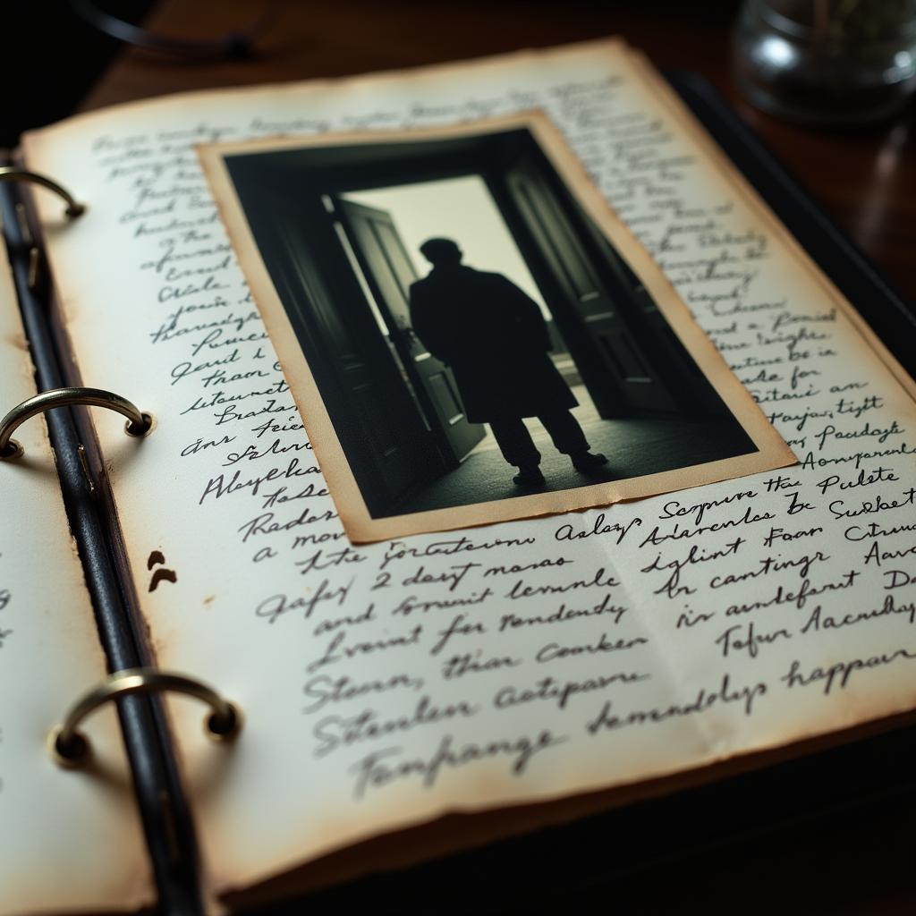 Open binder page with handwritten notes and a blurry photograph of a shadowy figure