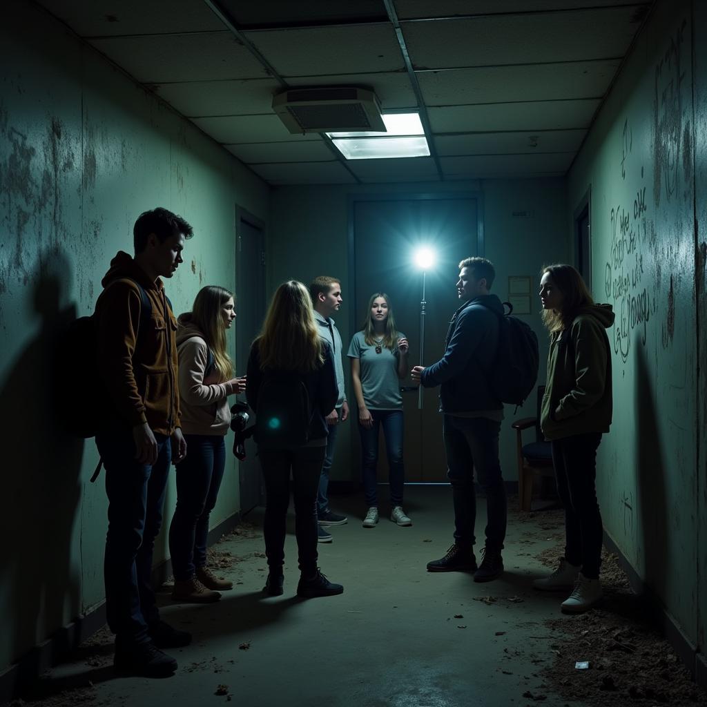 Young researchers exploring an abandoned building