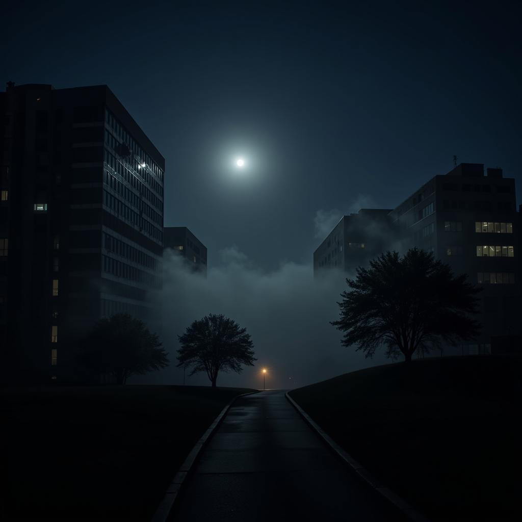 Night view of 12515 Research Blvd in Austin, Texas, showing the office complex under the moonlight, with a mysterious fog rolling in.