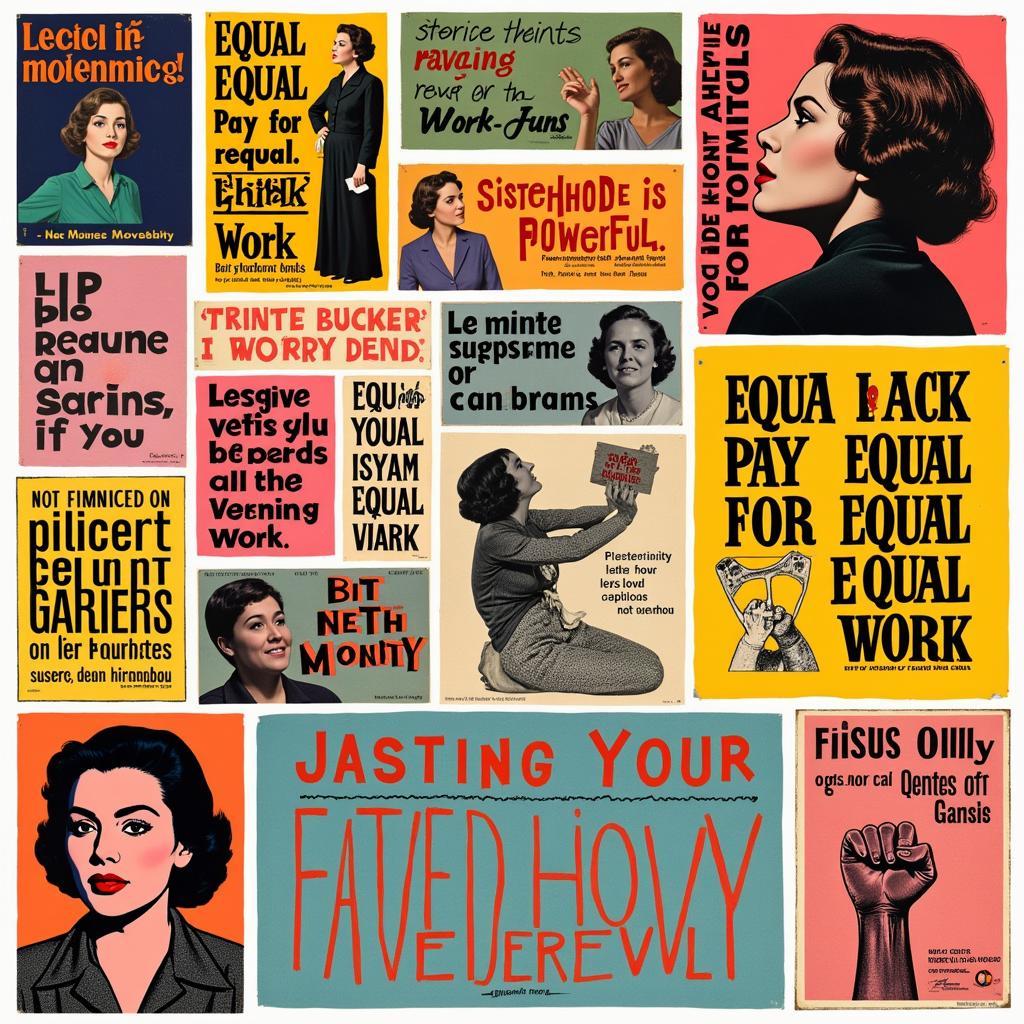 Colorful posters with slogans from the 1960s feminist movement.